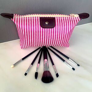 Pink & White Striped Canvas Zippered Pouch, Travel Makeup Brush Set